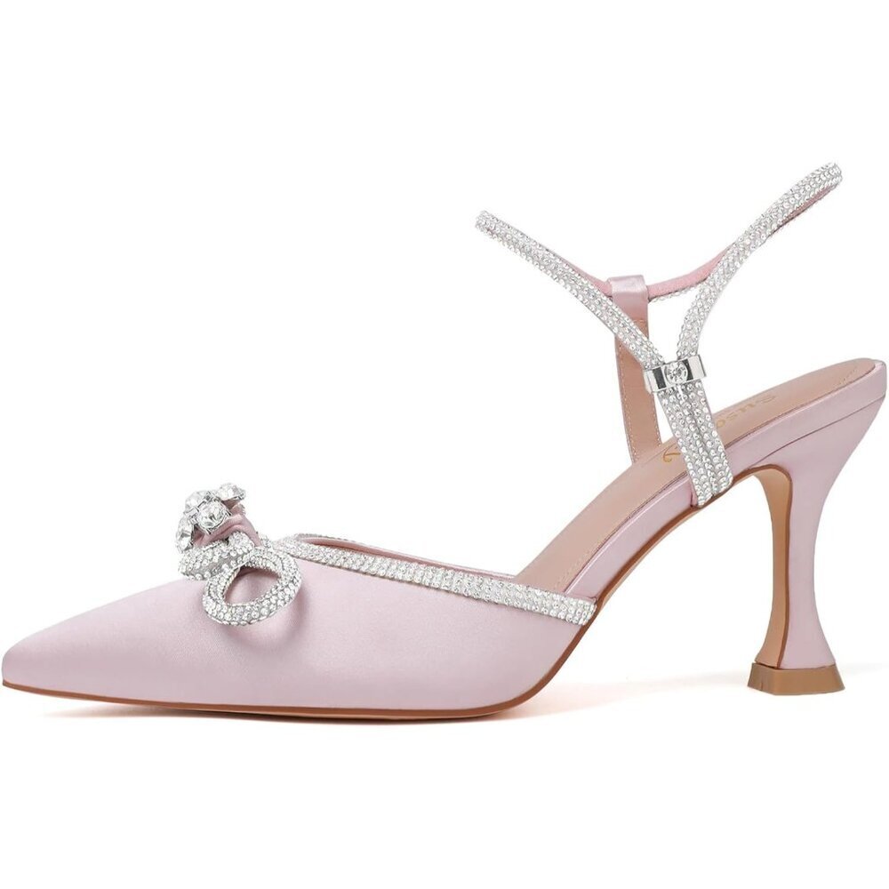 Women's Lightpink Closed Toe Rhinestone Wedding Low Slingback Clear Kitten Heels - Picture 5 of 9
